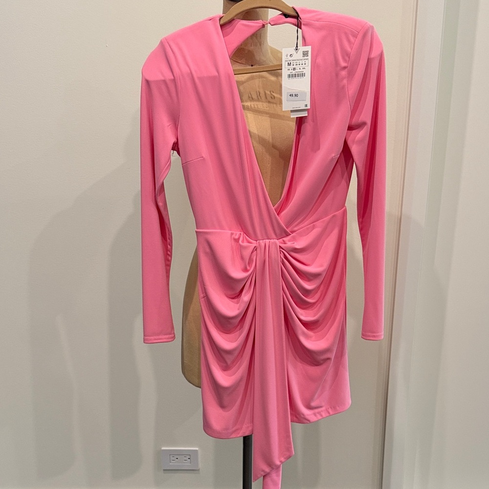 Zara Pink Long Sleeve draped Mini Dress